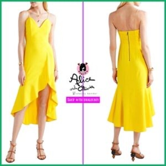 New Alice + Olivia Cobi Sz 2 Yellow Sweetheart Ruffled Midi Dress Party Cocktail - Picture 2 of 7
